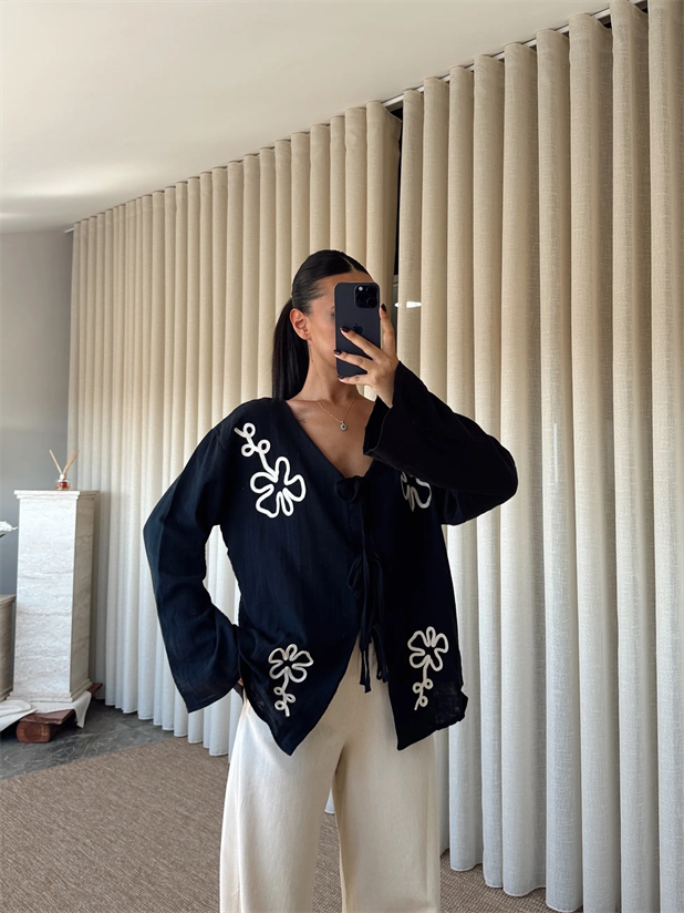 Nakışlı Kimono Takım  - Siyah