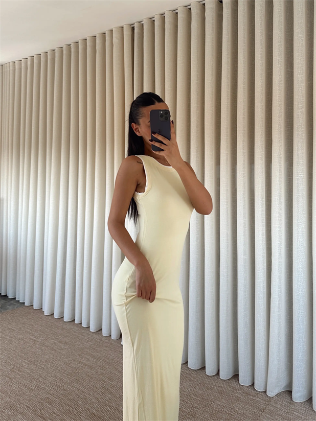 Sıfır Kol Şerit Detay Elbise  - Sarı