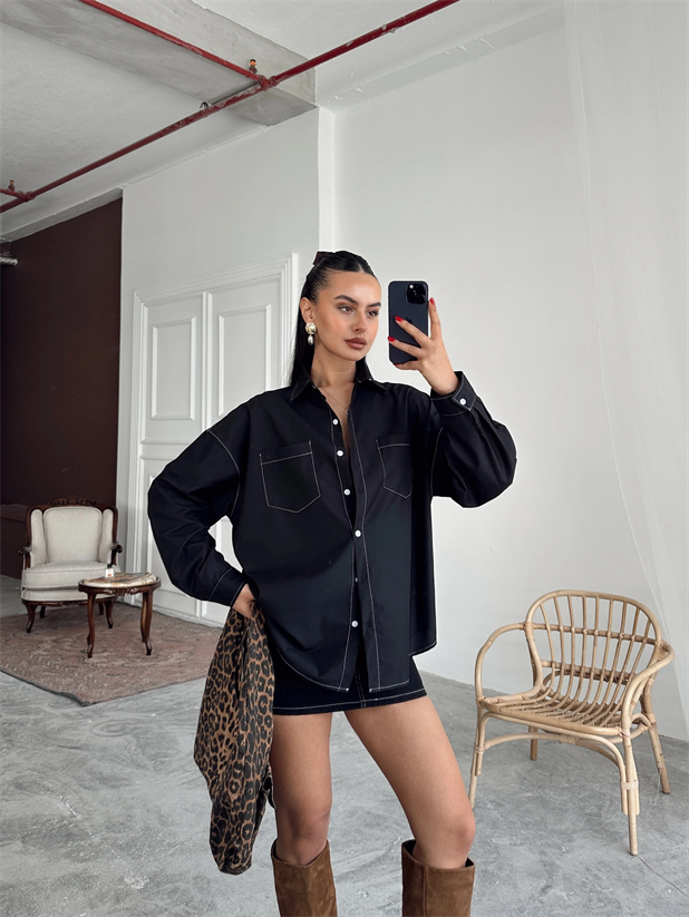 Süs Dikiş Detay Gömlek - Siyah