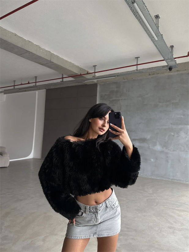 Peluş Crop Kazak Siyah - Siyah