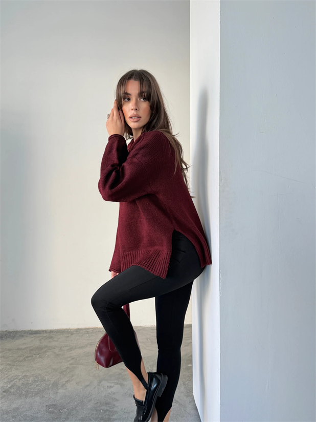 Yırtmaçlı Basic Triko  - Bordo