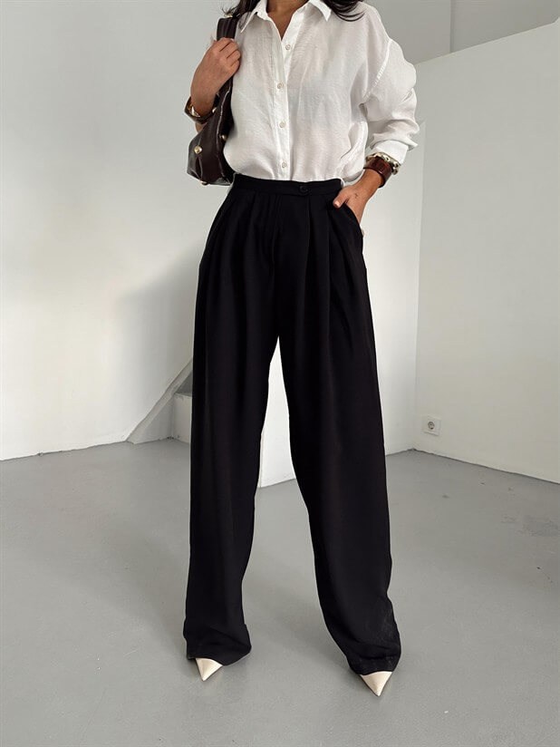 Pileli Geniş Paça Pantolon  - Siyah