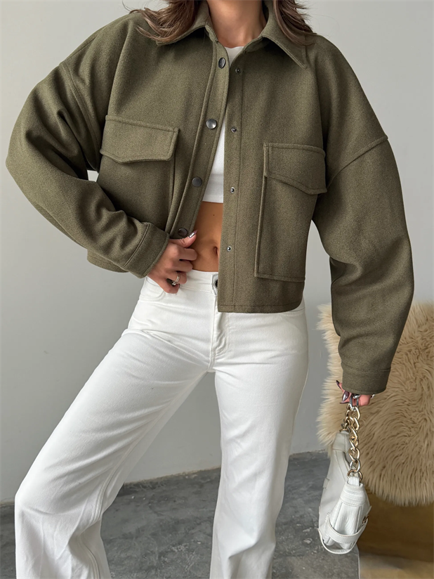 Metal Çıtçıtlı Kaşe Ceket  - Haki