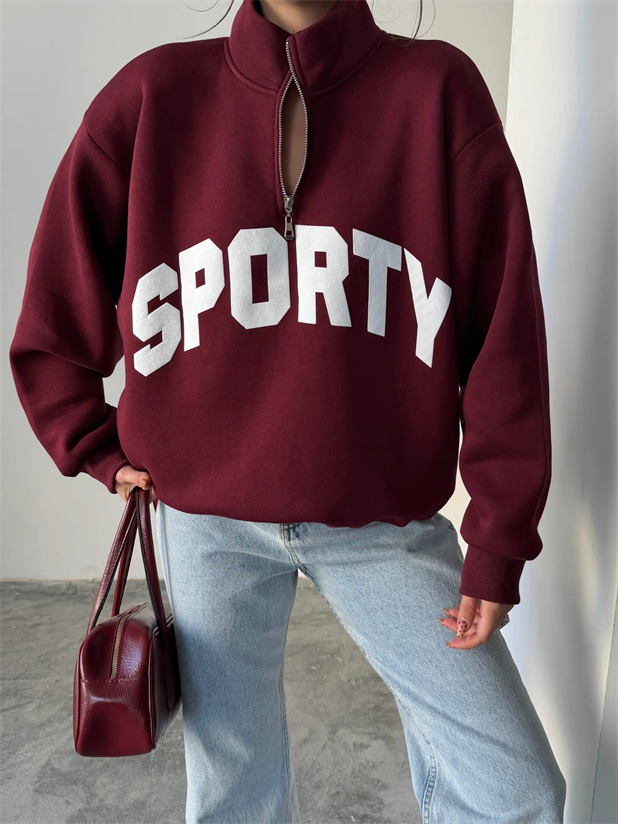 Sporty Yarım Fermuar Sweat - Bordo