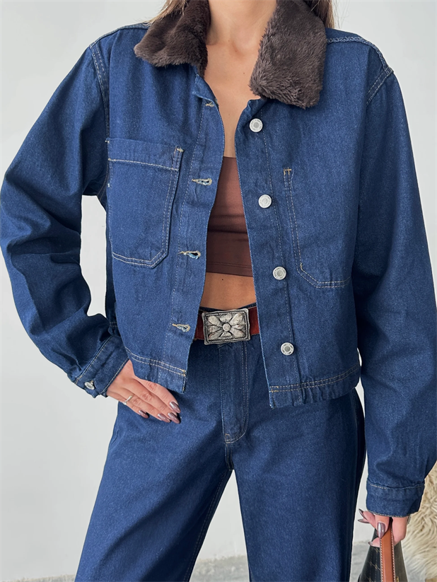 Yakası Kürklü Denim Takım - Mavi