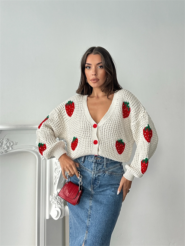 Çilek Nakışlı Hırka - Ekru