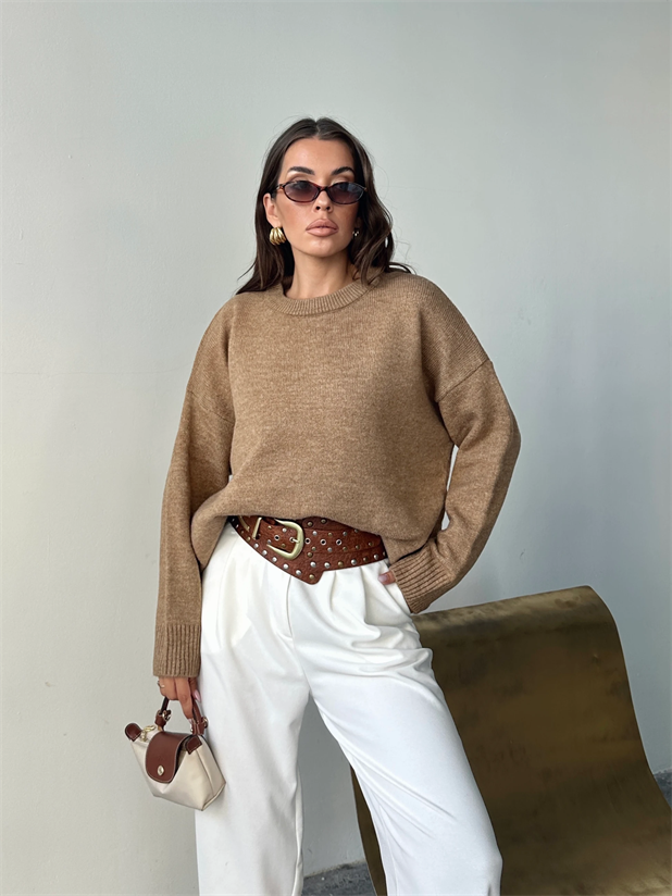 Yıkamalı Şardonlu Triko Kazak - Vizon