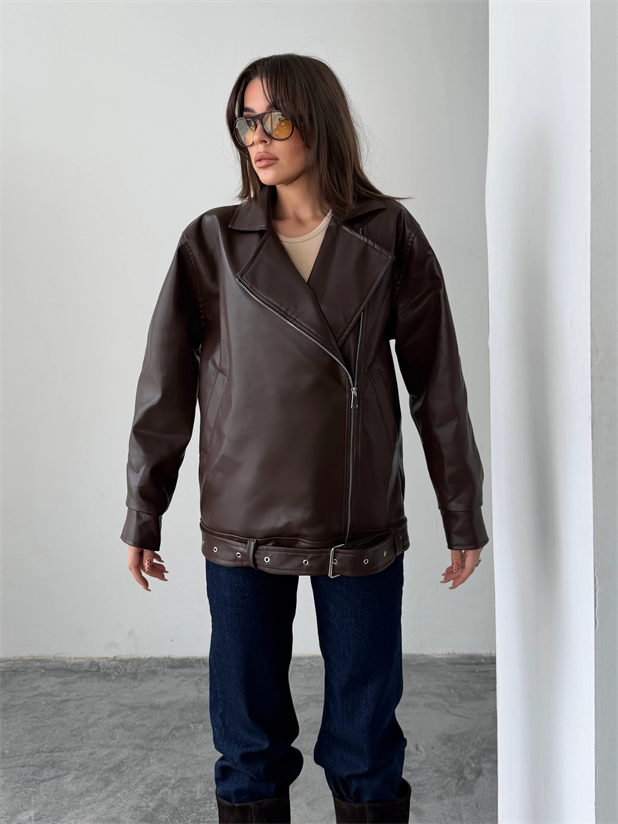 Kemerli Oversize Deri Ceket  - Kahve