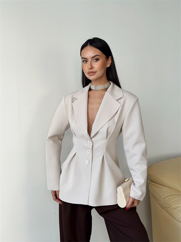 Pile Detay Oturtmalı Blazer Ceket  - Taş