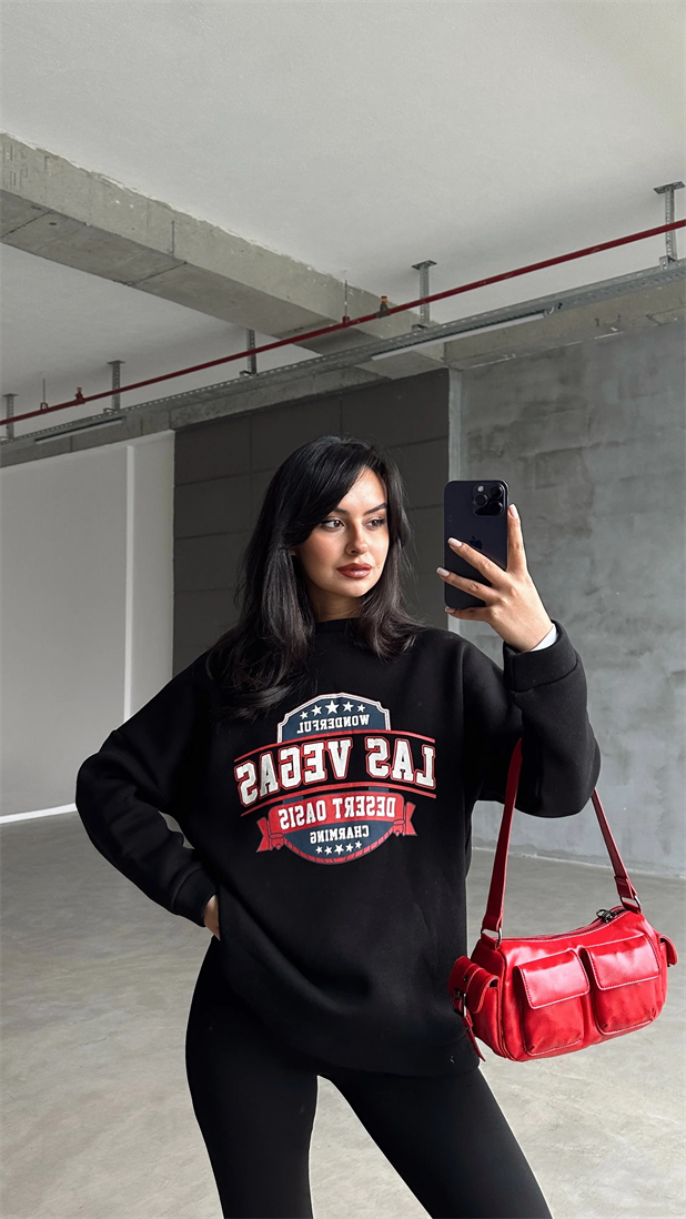 Las Vegas Üç İplik Oversize Sweat Siyah - Siyah