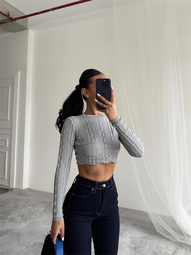 Labirent Desen Crop Triko Kazak Gri - Gri