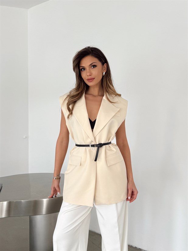 Deri Kemerli Yelek - Krem