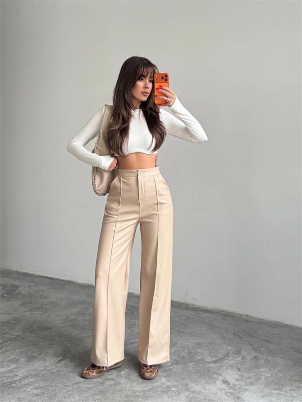 Çımalı Deri Palazzo Pantolon  - Taş