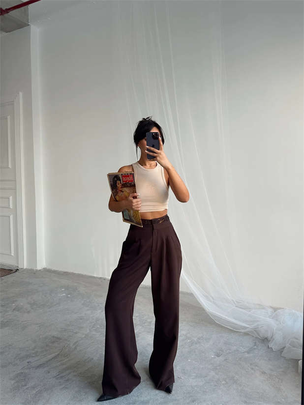 Kemeri Dantel Detaylı Palazzo Pantolon  - Kahve