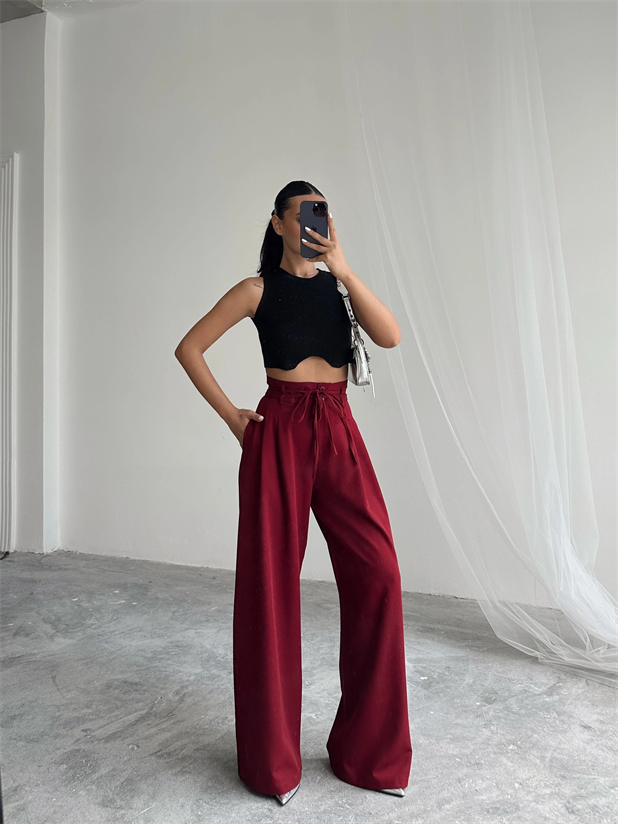 Beli İp Ve Lastikli Palazzo - Bordo