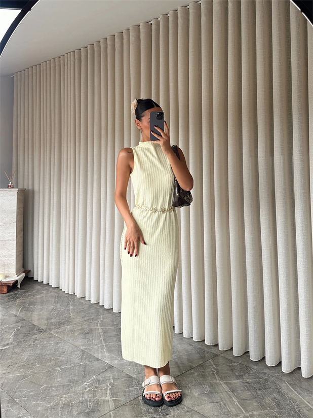 Kendinden Çizgili Sıfır Kol Elbise - Sarı