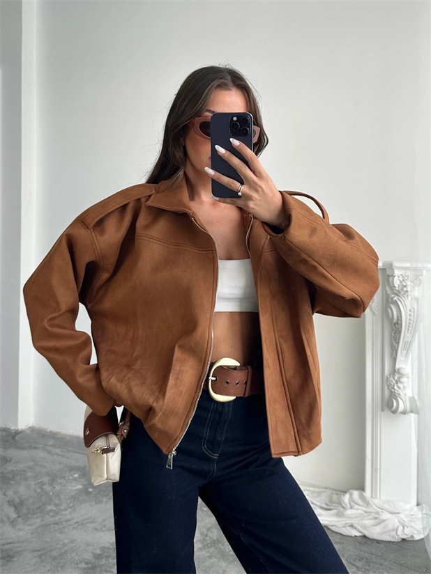 Bomber Süet Ceket - Taba