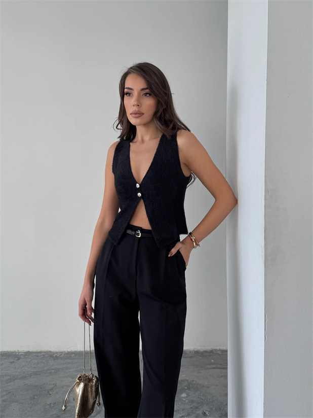 İki Düğmeli Yumoş Yelek - Siyah