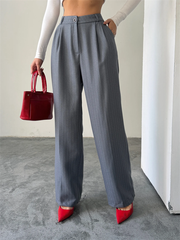 Yünefekt Çizgili Palazzo - Gri