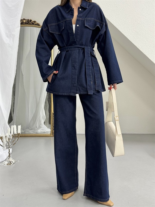 Cep Detaylı Denim Takım - Lacivert