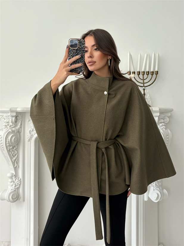 Kaşe Kuşaklı Pelerin Kaban - Haki