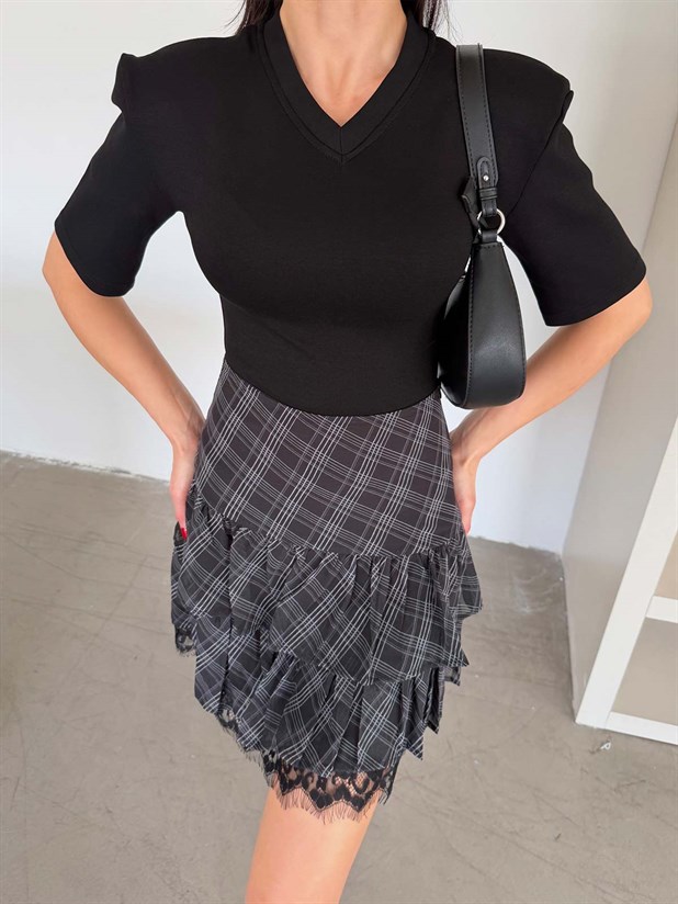 Dantel Detaylı Mini Fırfır Etek - Haki