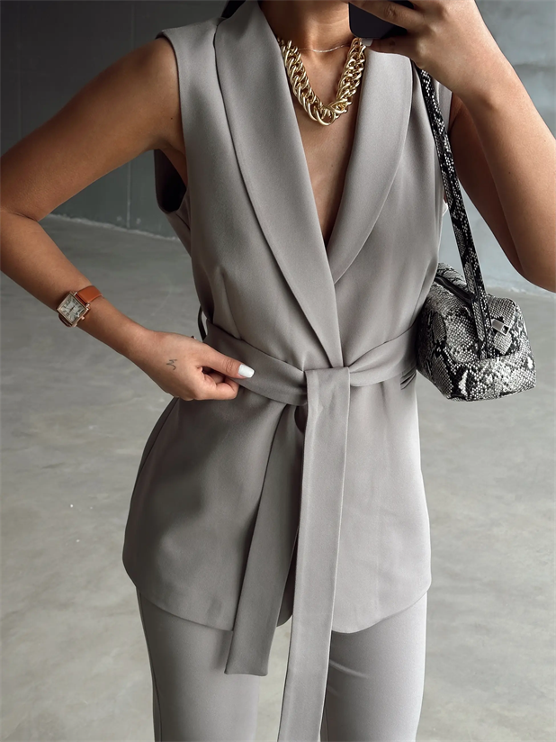 Bağlamalı Blazer Yelek  - Gri