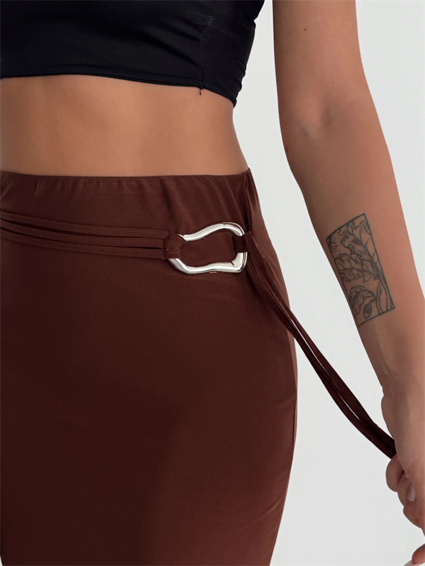 Tokalı Midi Etek  - Kahve