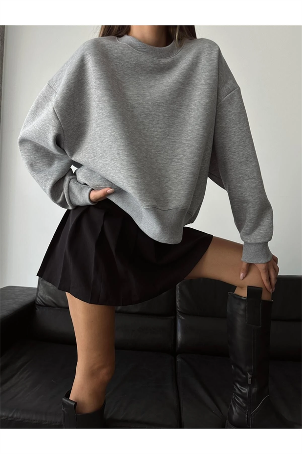 Sage Bisiklet Yaka Sweatshirt Gri - Gri