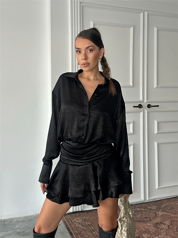 Eteği Volanlı Saten Elbise - Siyah