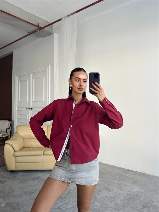 Kol Ve Pat Şerit Crop Gömlek - Bordo