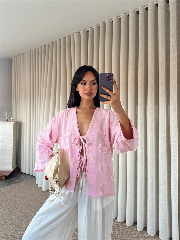 Püskül Detaylı Bağlamalı Kimono - Pembe