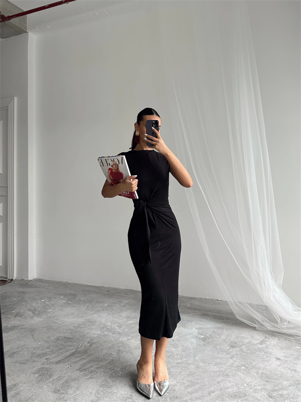 Yandan Bağlamalı Elbise - Siyah