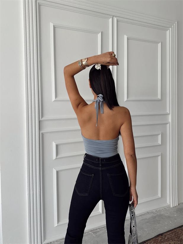 Belinde Boyundan Bağlamalı Bodysuit Gri - Gri