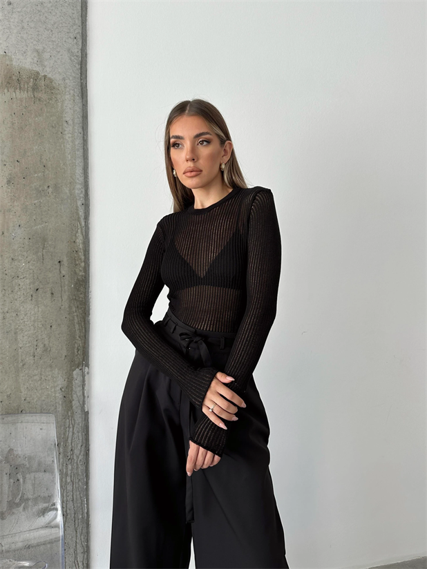 Arya Bisiklet Yaka Basic Triko Siyah - Siyah