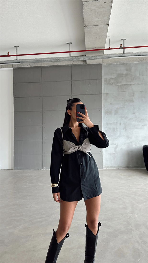 Sally İkili Büstiyer Gömlek Takım Siyah-Gri - Siyah