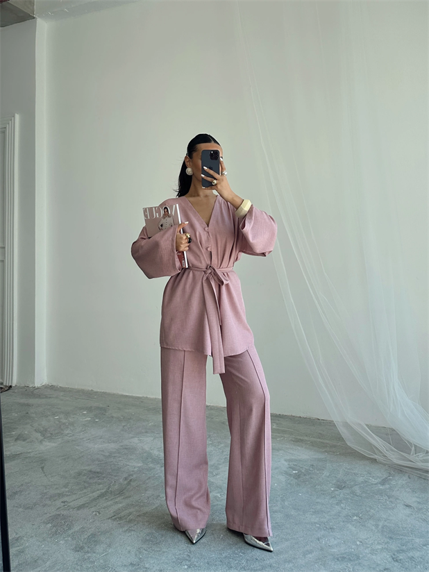 Düğme Detay Kuşaklı Kimono Takım - Pudra Pembe