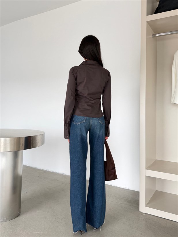 Önü Büzgülü Gömlek - Kahve