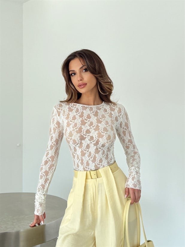 Bisiklet Yaka Likralı Dantel Bluz - Beyaz