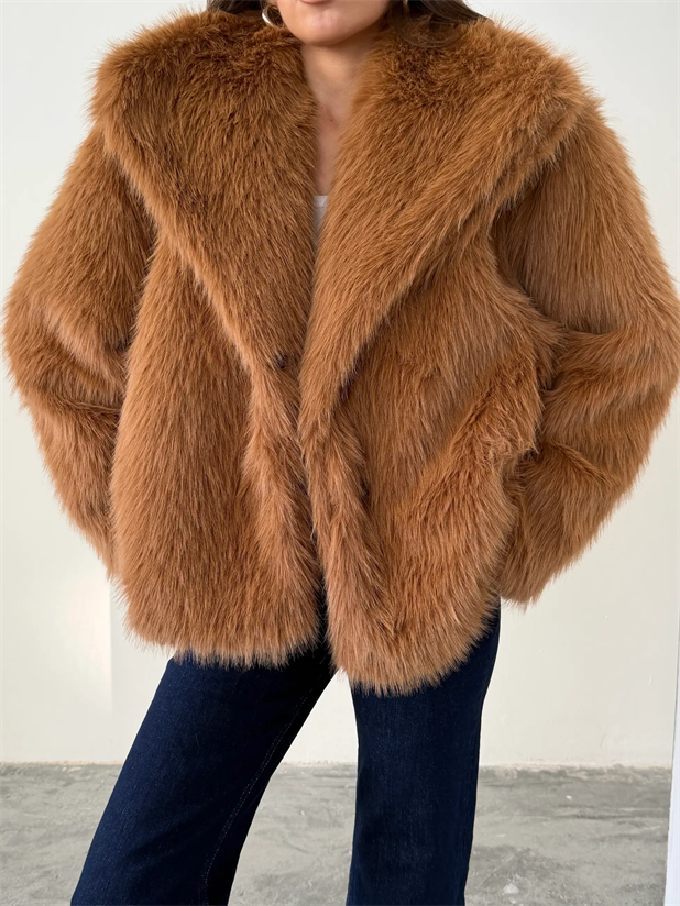 Çıtçıtlı Suni Kürk Ceket - Taba