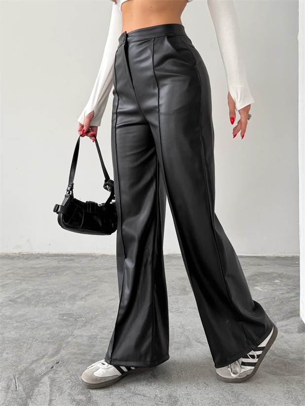 Çımalı Deri Palazzo Pantolon  - Siyah