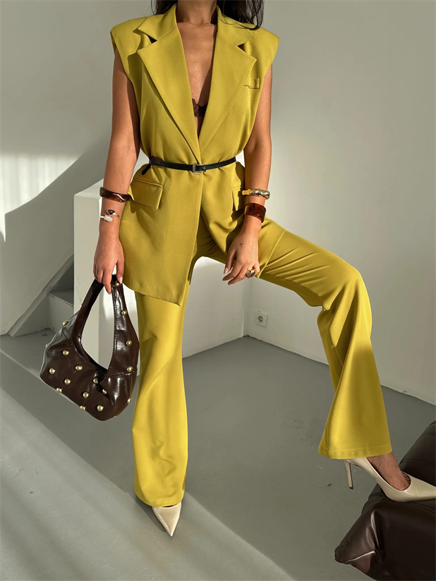 Deri Kemerli Yelek - Yağ Yeşili