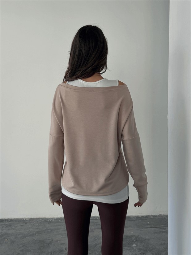 Düşük Omuz Atletli Bluz - Bej