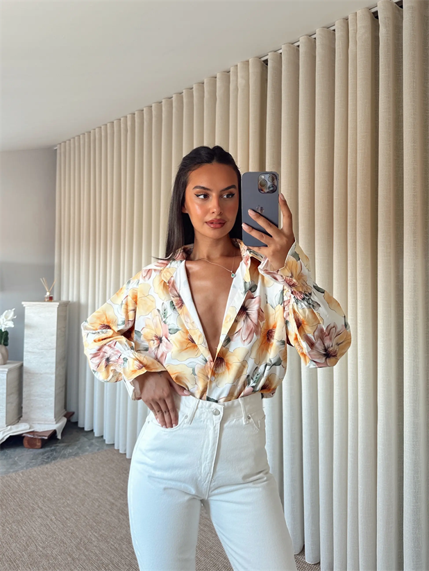 Çiçek Desenli Gömlek - Sarı