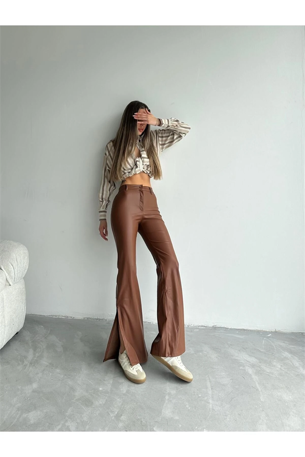 Yan Yırtmaç İspanyol Paça Deri Pantolon Taba - Taba