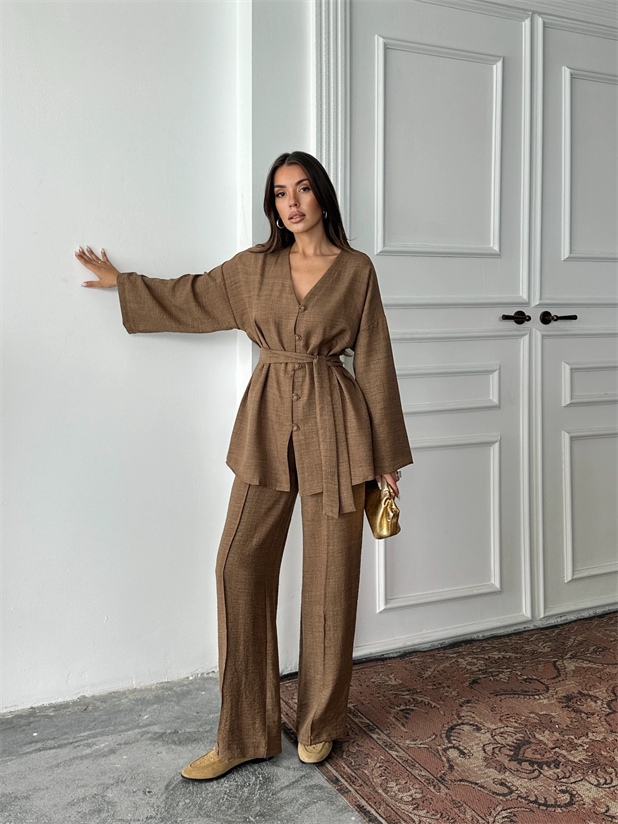 Düğme Detay Kuşaklı Kimono Takım - Kahve