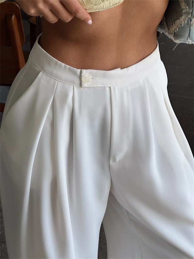 Pileli Geniş Paça Pantolon  - Beyaz
