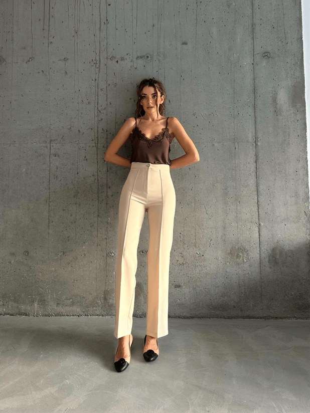 Ön Dikiş Boru Paça Kumaş Pantolon - Taş