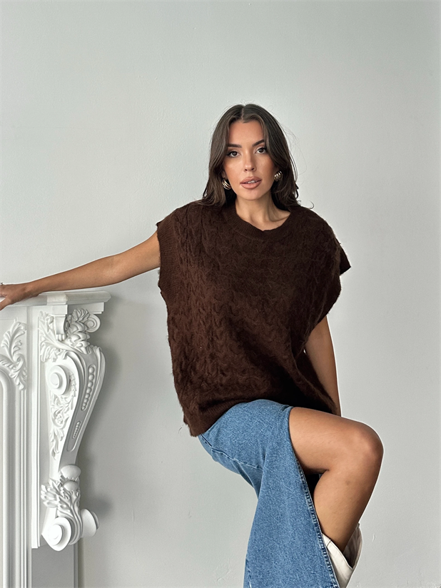 Saç Örgü Oversize Süveter - Kahve