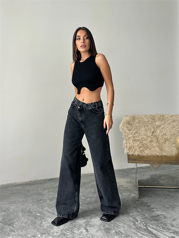 Çift Düğmeli Eskitme Palazzo Jean - Siyah